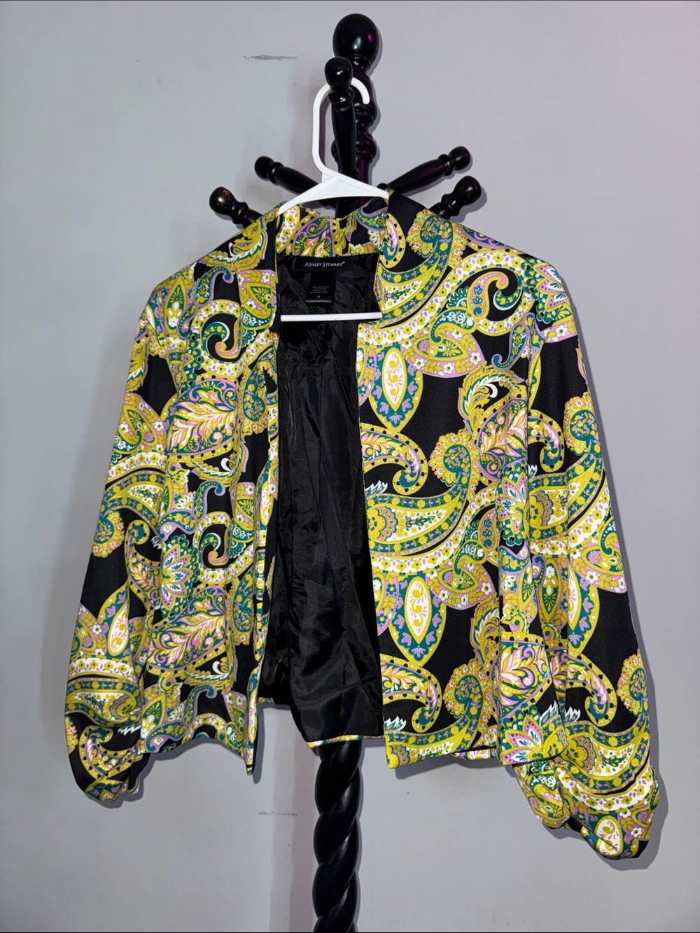 Ashley Stewart Black Paisley Bomber Jacket with Yellow Accents